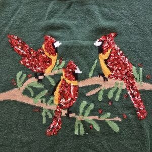 Kim Rogers Sequin Green and Red Crew Neck Sweater with Holiday Embroidery